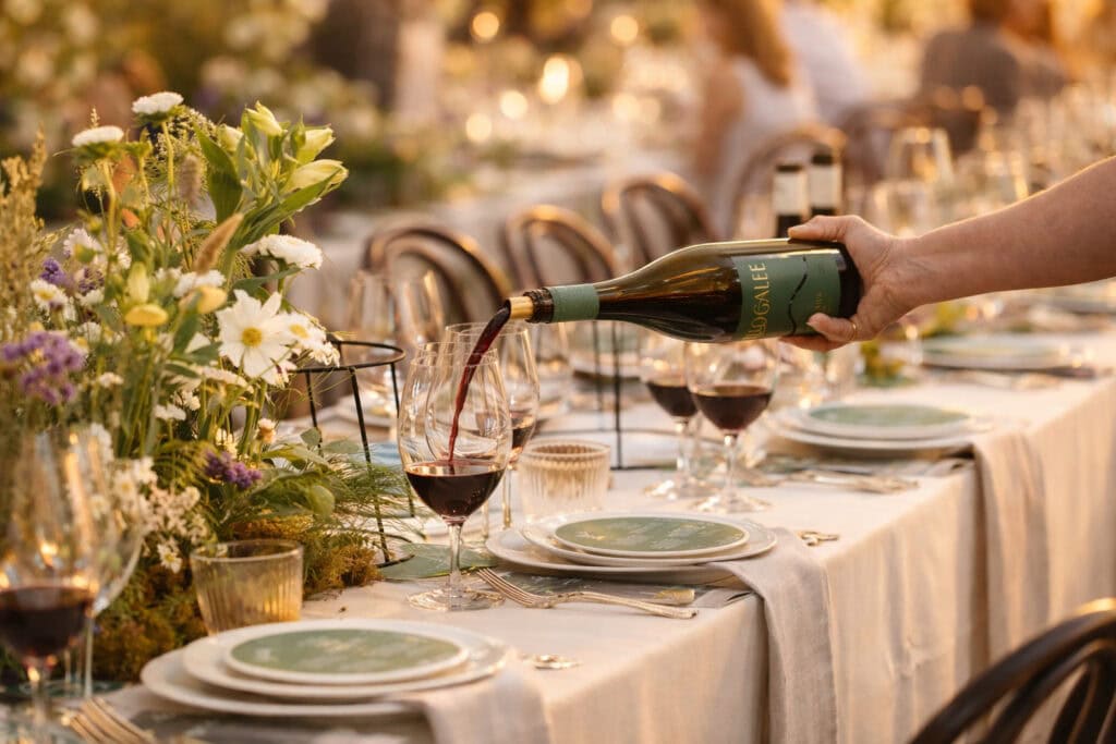 Wine being served at a Skillogalee wedding